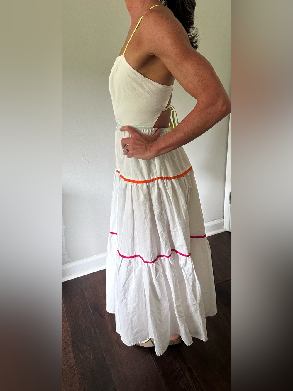 Anna Rae White Tiered Maxi Dress with Neon Trim and Lace up Back No Size Tag (S)